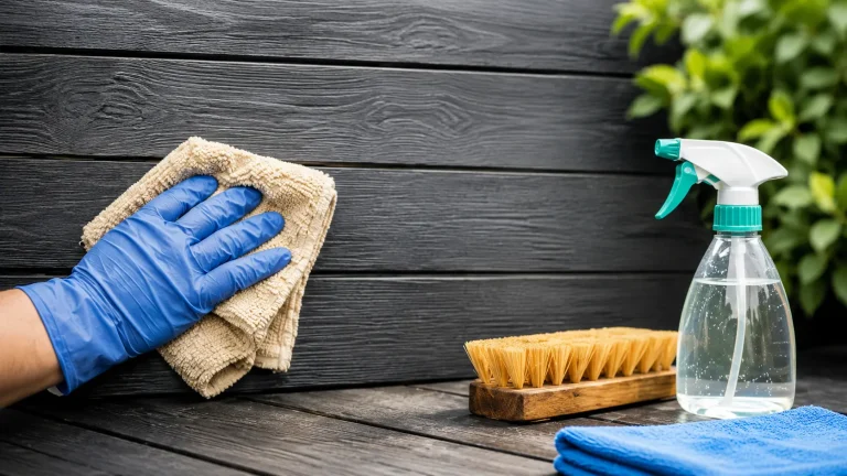 Close-up of a blue-gloved hand wiping a dark wooden surface with a beige cloth, beside a scrub brush, spray bottle, and folded microfiber cloth.