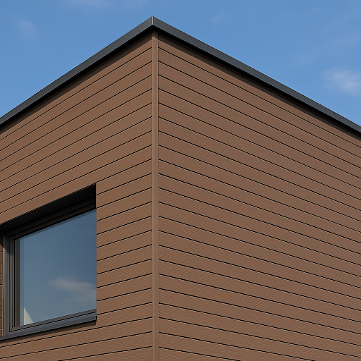 Modern facade solution Close-up view of a modern WPC facade with horizontal profile structure and window frame