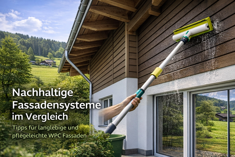 Reinigung einer nachhaltigen WPC Fassade an einem modernen Schweizer Landhaus mit Teleskopbürste – schonende und langlebige Fassadenlösung