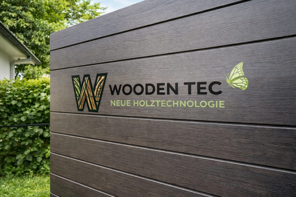 Facciata in WPC perfettamente pulita all’esterno con logo Wooden Tec – superficie pulita e ben mantenuta