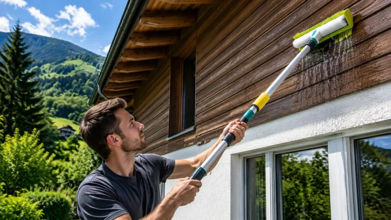 Man cleaning a wooden house facade with a telescopic brush against a green mountain landscape.