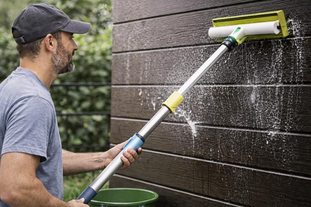 Pulizia di una facciata in WPC con asta telescopica e accessorio di pulizia – manutenzione delicata all’esterno
