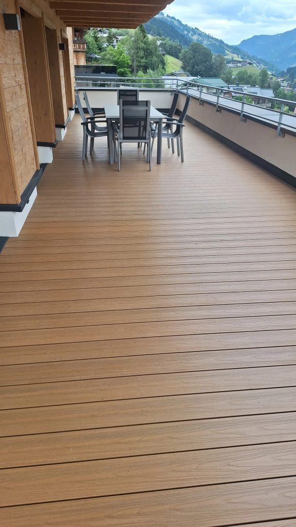Brown WPC decking boards on a hotel terrace
