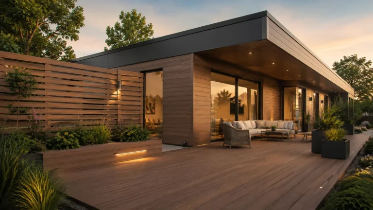 Modern home featuring WPC decking, façade cladding, and a matching privacy screen in a landscaped outdoor setting