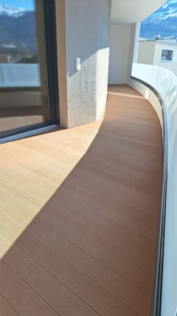 Newly laid brown WPC decking boards